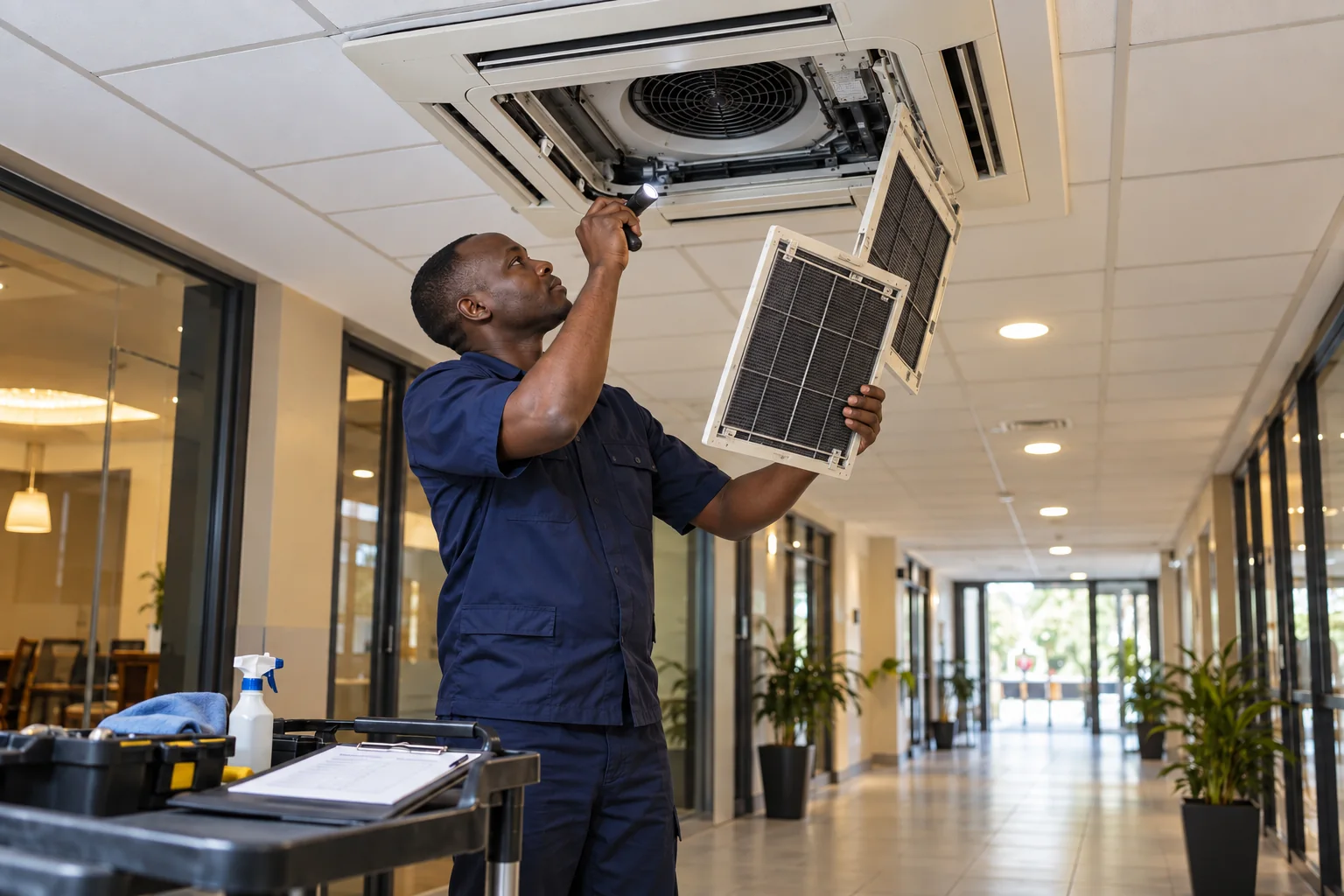Technician inspecting a ceiling-mounted air conditioning unit