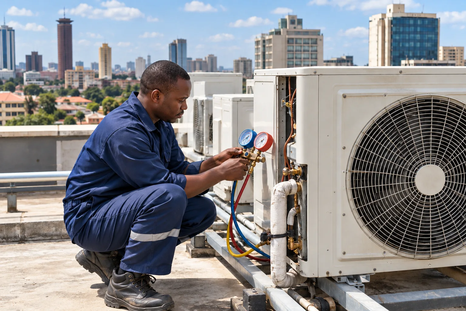 Technician checking outdoor HVAC equipment